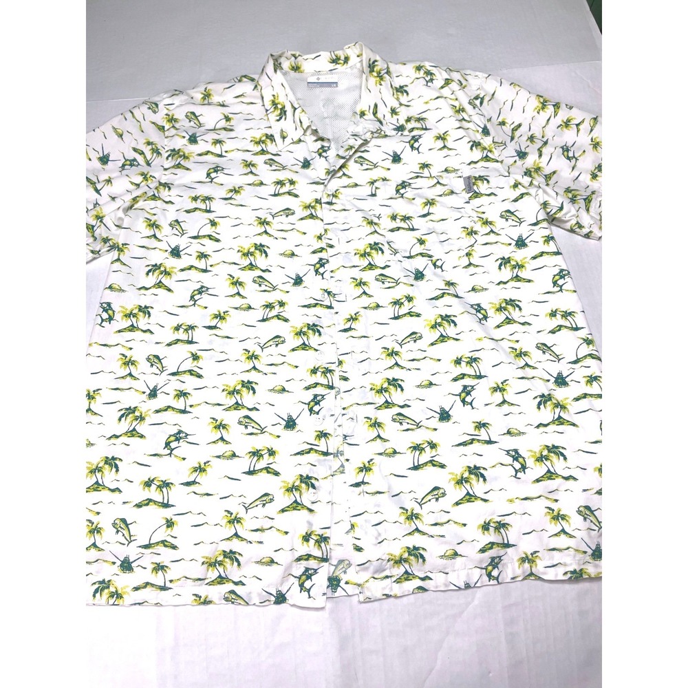 Columbia PFG Mens Large White Tropical Palm Tree Marlin Fishing Button Up Shirt